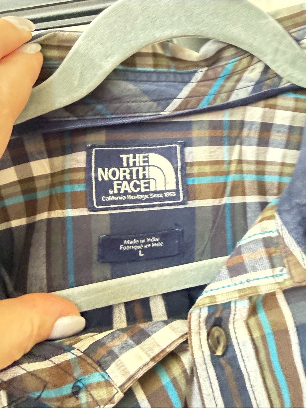 The North Face Men's Blue and Brown Plaid Button-Down Shirt